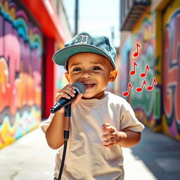 A 2-year-old white rap singer, wearing a fashionable cap and oversized t-shirt, playfully holding a microphone