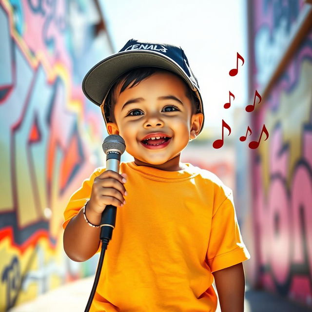 A 2-year-old white rap singer, wearing a fashionable cap and oversized t-shirt, playfully holding a microphone