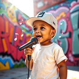 A 2-year-old white rap singer, wearing a fashionable cap and oversized t-shirt, playfully holding a microphone