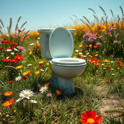 A creatively surreal depiction of a toilet in an open, nature-filled environment, with bright, colorful flowers and grass surrounding it