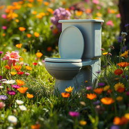 A creatively surreal depiction of a toilet in an open, nature-filled environment, with bright, colorful flowers and grass surrounding it