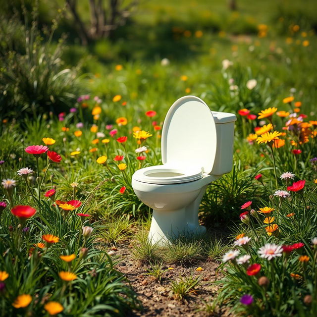 A creatively surreal depiction of a toilet in an open, nature-filled environment, with bright, colorful flowers and grass surrounding it