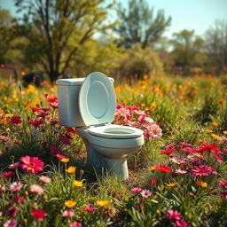 A creatively surreal depiction of a toilet in an open, nature-filled environment, with bright, colorful flowers and grass surrounding it