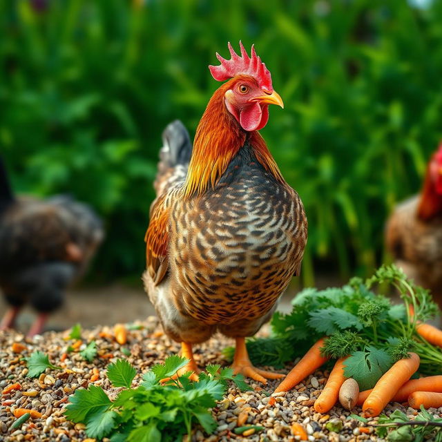 A realistic image featuring a laying hen (ayam petelur) at the center, surrounded by chicken feed