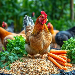 A realistic image featuring a laying hen (ayam petelur) at the center, surrounded by chicken feed