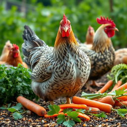 A realistic image featuring a laying hen (ayam petelur) at the center, surrounded by chicken feed
