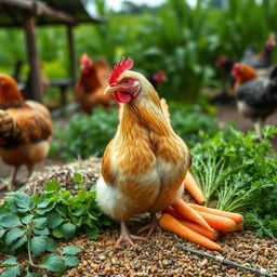 A realistic image featuring a laying hen (ayam petelur) at the center, surrounded by chicken feed