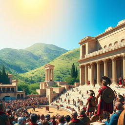 A vibrant city scene depicting an ancient city inspired by Sparta, Greece
