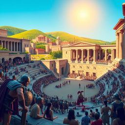 A vibrant city scene depicting an ancient city inspired by Sparta, Greece
