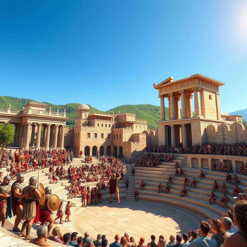 A vibrant city scene depicting an ancient city inspired by Sparta, Greece