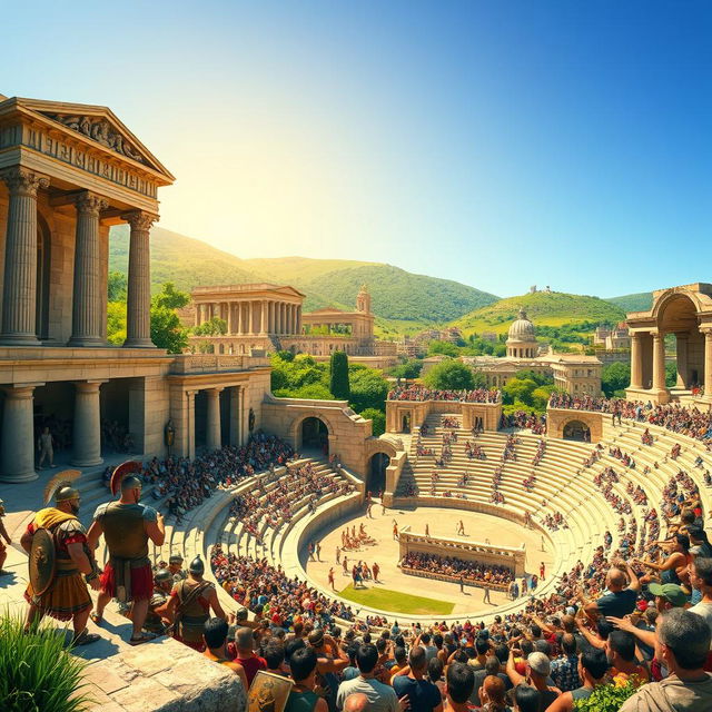 A vibrant city scene depicting an ancient city inspired by Sparta, Greece