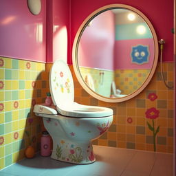 A whimsical and surreal bathroom scene featuring a modern toilet in a brightly colored, cartoon-like environment