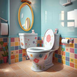 A whimsical and surreal bathroom scene featuring a modern toilet in a brightly colored, cartoon-like environment