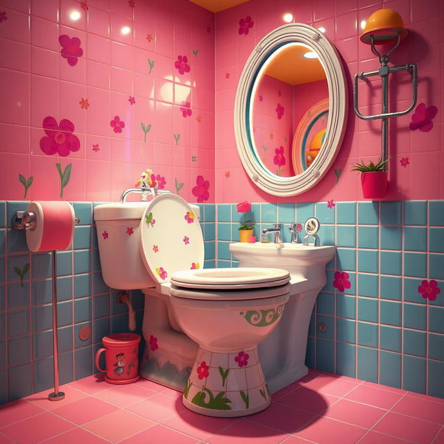 A whimsical and surreal bathroom scene featuring a modern toilet in a brightly colored, cartoon-like environment