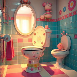 A whimsical and surreal bathroom scene featuring a modern toilet in a brightly colored, cartoon-like environment