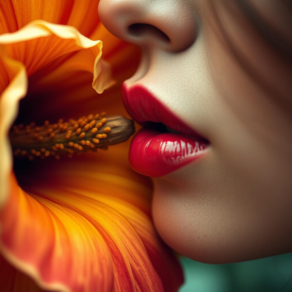 A close-up, artistic portrayal of a person's lips, glistening with moisture, gently kissing a vibrant, oversized flower, capturing the essence of intimacy and beauty in nature