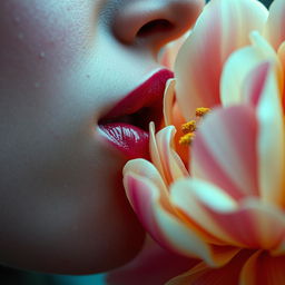 A close-up, artistic portrayal of a person's lips, glistening with moisture, gently kissing a vibrant, oversized flower, capturing the essence of intimacy and beauty in nature