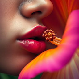A close-up, artistic portrayal of a person's lips, glistening with moisture, gently kissing a vibrant, oversized flower, capturing the essence of intimacy and beauty in nature