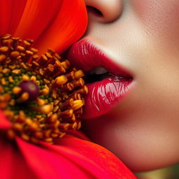 A close-up, artistic portrayal of a person's lips, glistening with moisture, gently kissing a vibrant, oversized flower, capturing the essence of intimacy and beauty in nature