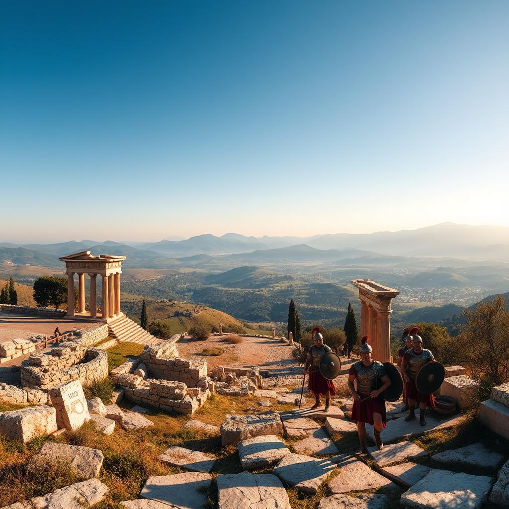 A stunning panoramic view of the ancient city of Sparta, showcasing its rugged landscapes and historical ruins