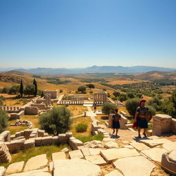 A stunning panoramic view of the ancient city of Sparta, showcasing its rugged landscapes and historical ruins