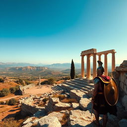 A stunning panoramic view of the ancient city of Sparta, showcasing its rugged landscapes and historical ruins