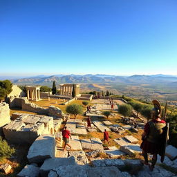 A stunning panoramic view of the ancient city of Sparta, showcasing its rugged landscapes and historical ruins