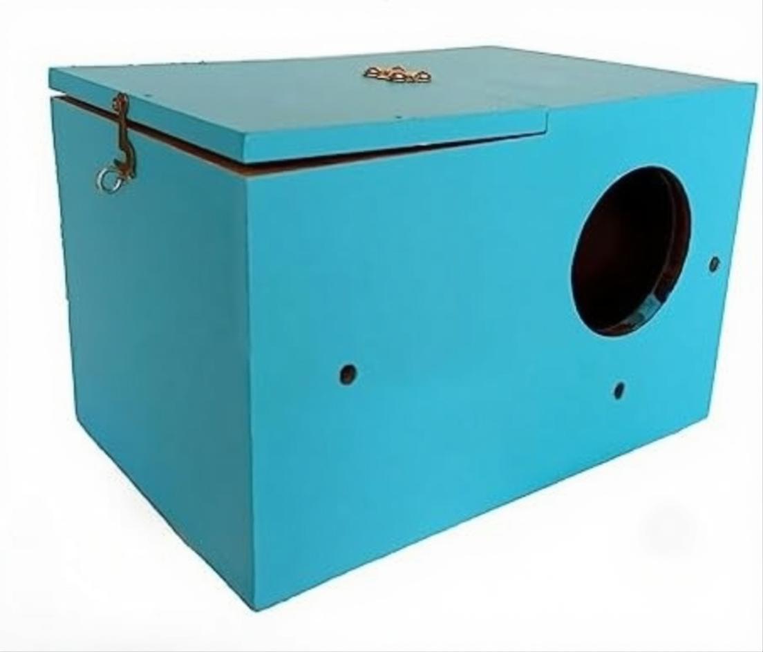 A brightly colored blue birdhouse with a large circular entrance hole, designed for small birds