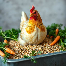 A highly detailed and realistic depiction of a laying hen in the center of the image, surrounded by its feed and rich herbal phytobiotics