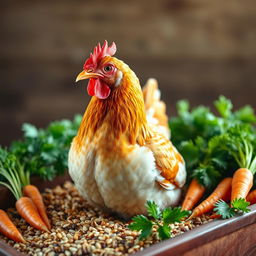 A highly detailed and realistic depiction of a laying hen in the center of the image, surrounded by its feed and rich herbal phytobiotics