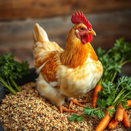 A highly detailed and realistic depiction of a laying hen in the center of the image, surrounded by its feed and rich herbal phytobiotics