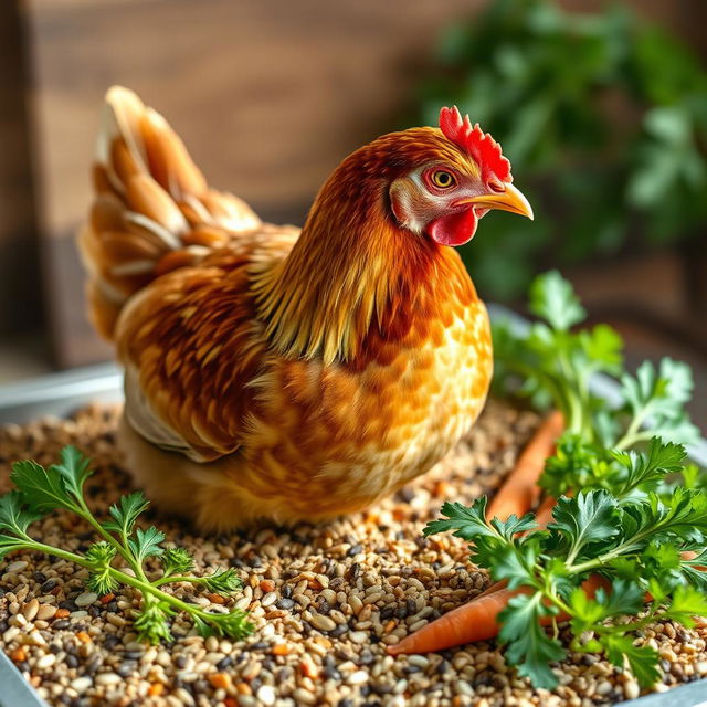 A highly detailed and realistic depiction of a laying hen in the center of the image, surrounded by its feed and rich herbal phytobiotics