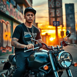 A young white rapper, 20 years old, confidently sitting on a motorcycle