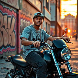 A young white rapper, 20 years old, confidently sitting on a motorcycle