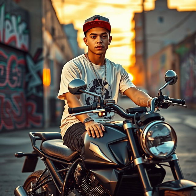 A young white rapper, 20 years old, confidently sitting on a motorcycle