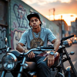 A young white rapper, 20 years old, confidently sitting on a motorcycle