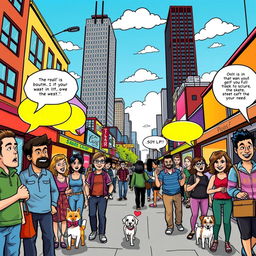 A dynamic comic book style illustration of a bustling city street filled with vibrant colors and exaggerated features
