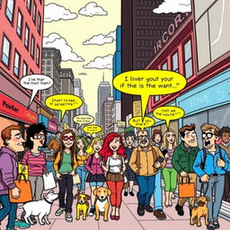 A dynamic comic book style illustration of a bustling city street filled with vibrant colors and exaggerated features