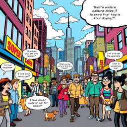 A dynamic comic book style illustration of a bustling city street filled with vibrant colors and exaggerated features