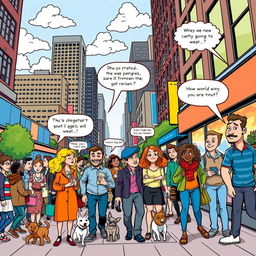 A dynamic comic book style illustration of a bustling city street filled with vibrant colors and exaggerated features