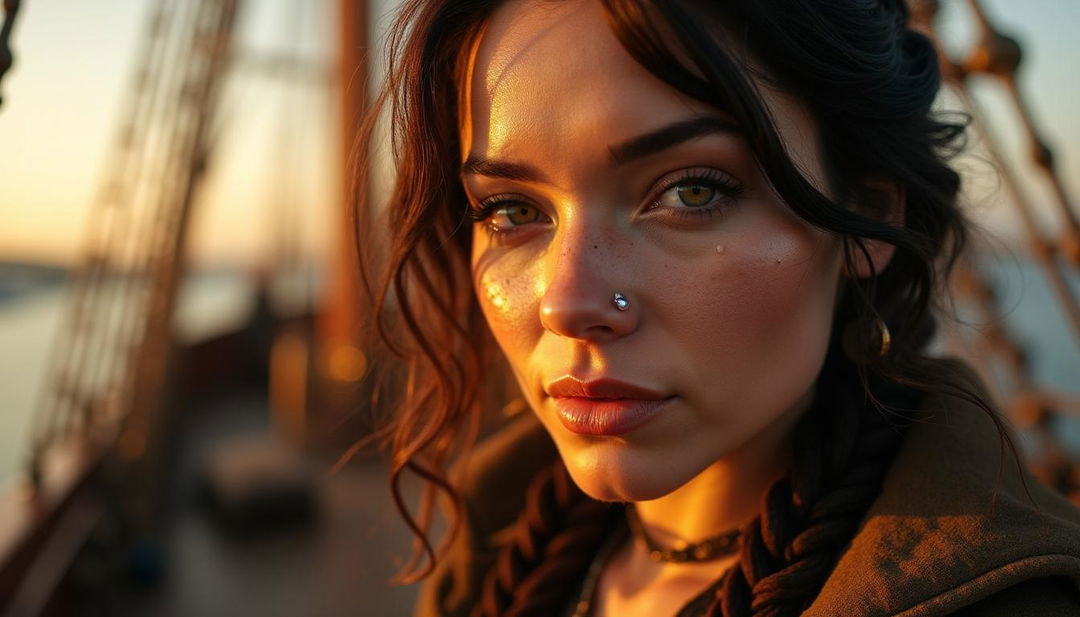 A close-up of a stunning woman's face on the deck of a steampunk ship during the golden hour