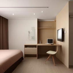 Design a 10.65 square meter room furnished with a desk, bed, cupboard and featuring a 65-inch wall-mounted TV.