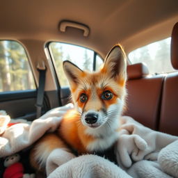 A close-up of a beautiful fox with vivid open eyes, sitting in the back seat of a car