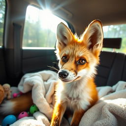 A close-up of a beautiful fox with vivid open eyes, sitting in the back seat of a car