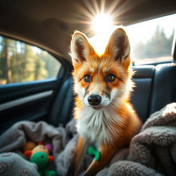 A close-up of a beautiful fox with vivid open eyes, sitting in the back seat of a car