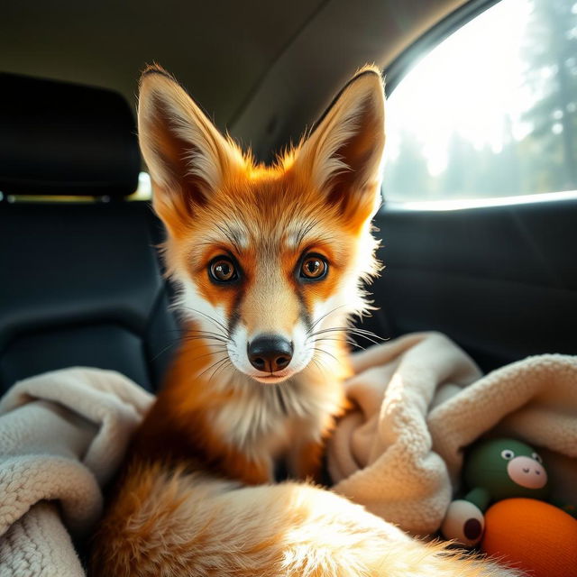 A close-up of a beautiful fox with vivid open eyes, sitting in the back seat of a car