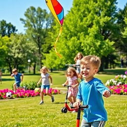 A vibrant park scene featuring children engaging in various outdoor activities