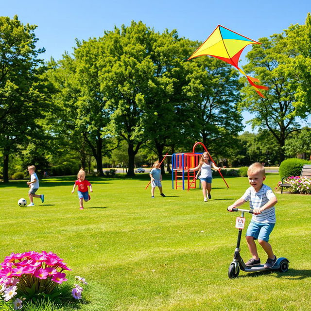 A vibrant park scene featuring children engaging in various outdoor activities