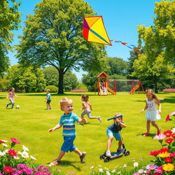 A vibrant park scene featuring children engaging in various outdoor activities