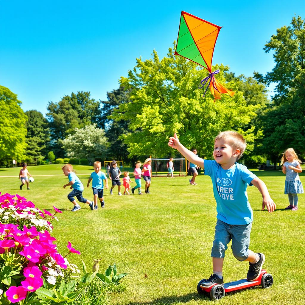 A vibrant park scene featuring children engaging in various outdoor activities